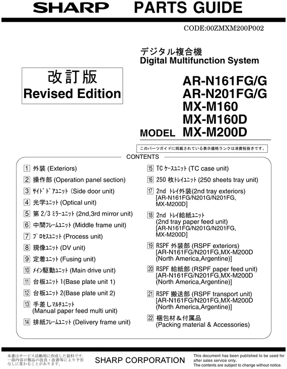 Product picture Sharp MX-M160, MX-M160D, MX-M200, MX-M200D, AR-N161G, AR-N161FG, AR-N201G, AR-N201FG, Parts List Manual